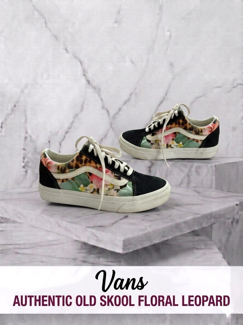 Vans Old Skool Black Floral Leopard Low Top Sneakers Sz 7.5 W / 6 M